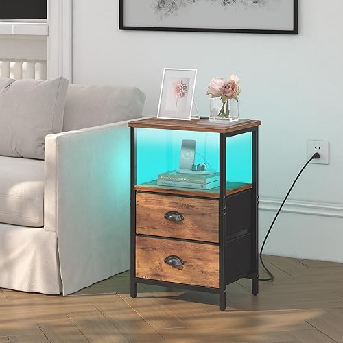 Miniatura 2 de Juego de 2 mesitas de noche industriales color marrón rústico, mesa de noche con 2 cajones de tela, almacenamiento de 3 niveles, luz LED, estación