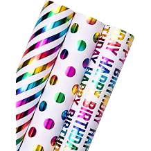 WRAPAHOLIC Birthday Wrapping Paper Roll - Mini Roll - 3 Rolls - 17 inch x 120 inch Per roll - Colorful Foil Birthday Design for Party, Holiday, Baby Shower