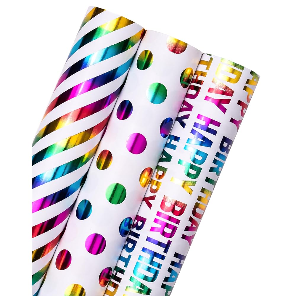 WRAPAHOLIC Birthday Wrapping Paper Roll - Mini Roll - 3 Rolls - 17 inch x 120 inch Per roll - Colorful Foil Birthday Design for Party, Holiday, Baby Shower