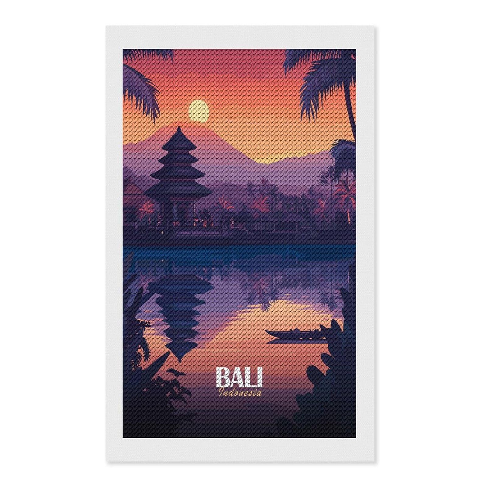 Junmoney Bali, Indonesia Sunset Illustration Crystal Diamond Art Kit 12"x20", Round Gems, Detailed Printed Canvas, Creative Gift Idea, Vintage Style Decor