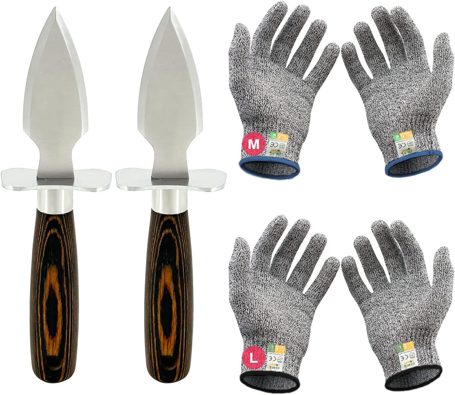 MYBMHTNB Oyster Shucking Knife Set of 2 Stainless Steel Oyster Knifes and 2 Pairs Level 5 Cut-Resistant Gloves,Oyster Knives Suitable for All Kinds of Shells and Oysters Shucking(Strengthen Version)