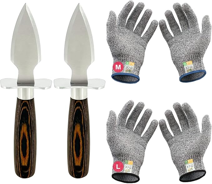 Oyster Shucking Knife Set of 2 Stainless Steel Oyster Knifes and 2 Pairs Level 5 Cut-Resistant Gloves,Oyster Knives Suitable for All Kinds of Shells and Oysters Shucking(Strengthen Version)