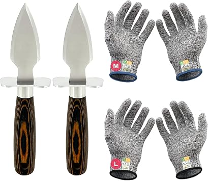 MYBMHTNB Oyster Shucking Knife Set of 2 Stainless Steel Oyster Knifes and 2 Pairs Level 5 Cut-Resistant Gloves,Oyster Knives Suitable for All Kinds of Shells and Oysters ShuckingStrengthen Version
