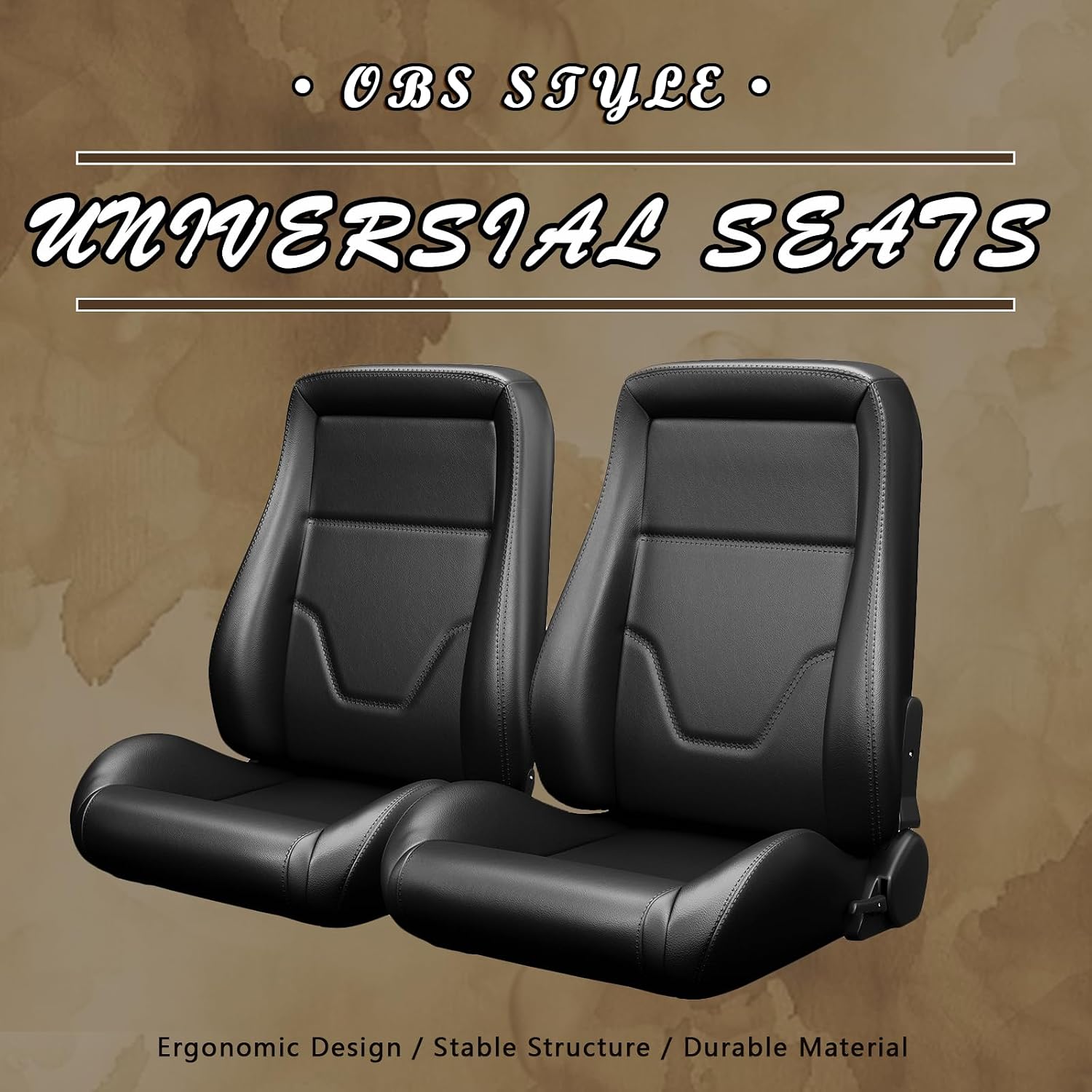 1 Pair Universal Classic PVC Reclinable OBS Style Seats Low Back Bucket Seats with Dual Sliders Not Including Seat Bracket 22.4'' (D) x 21.5'' (W) x 29.5'' (H)