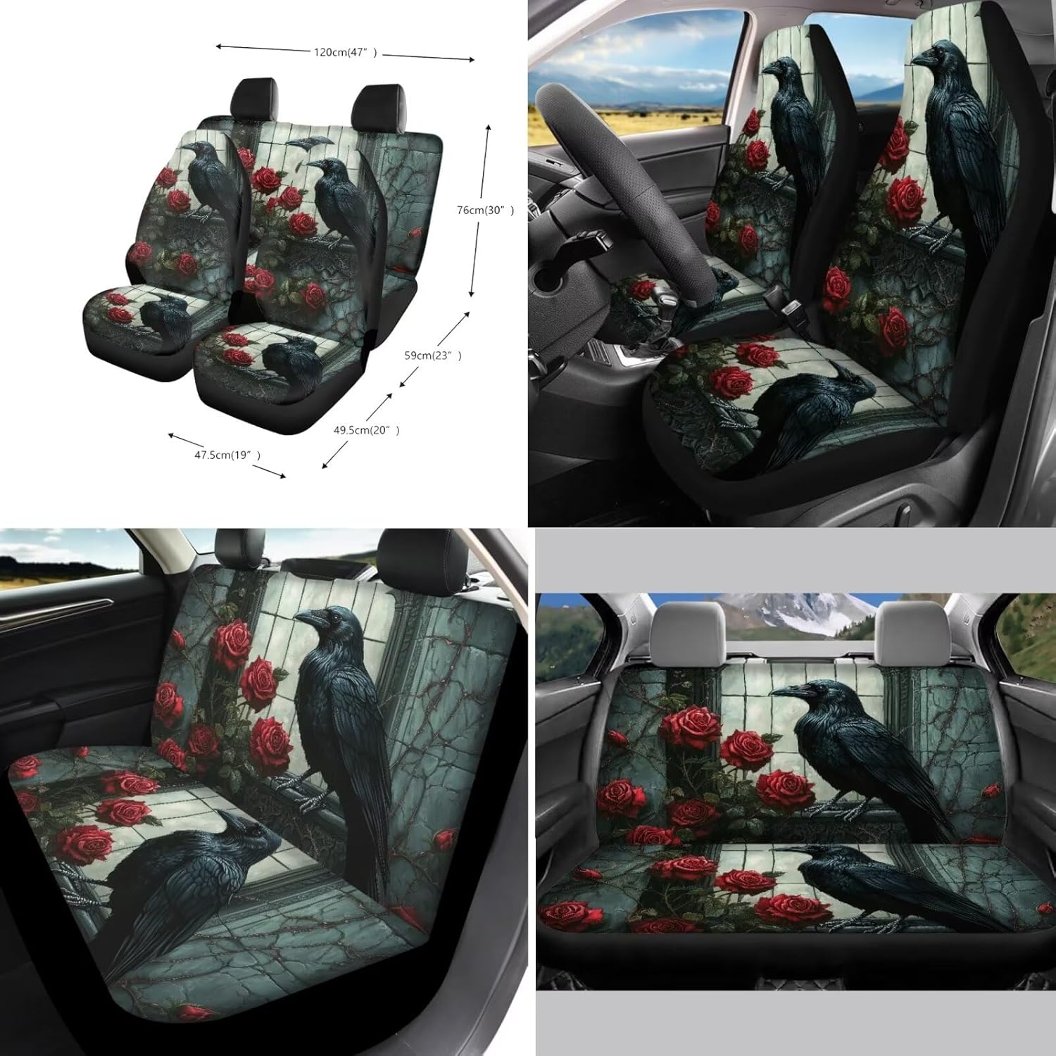 Suobstales Raven Rose Print Car Seat Cover for Women Full Set SUV Interior Accessories Front/Back Bench Bucket Seat Cover, Steering Wheel Cover, Seat Belt Cover, Cup Holder Coasters, Keychain
