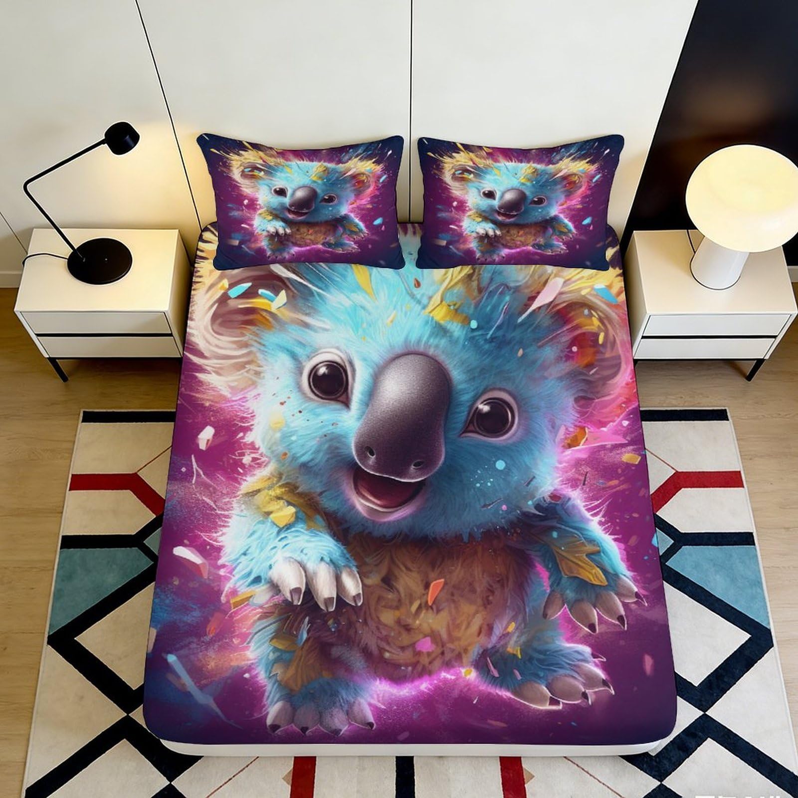 3D Printed Cartoon Koala Fitted Sheet Microfiber Deep Pocket Non-Slip Bedroom Bedding Cartoon Koala Mattress Fitted Cover for Adults Teens 140x200x25cm