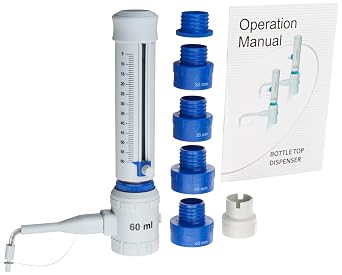 United Scientific BTDR-5, Bottle Top Dispenser 5-60ml | Chemical Compatible Bottle Dispenser | 1 Each, White, Blue