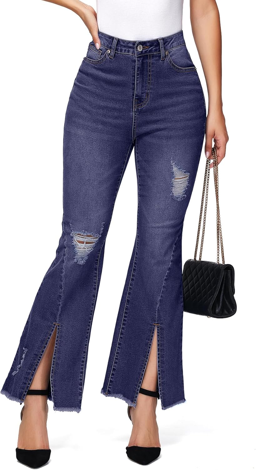 Women's Ripped Jeans High Waisted Hip Lift Flared Jeans Stretchy Wide Leg Destroyed Denim Split Hem Pants - Image 6