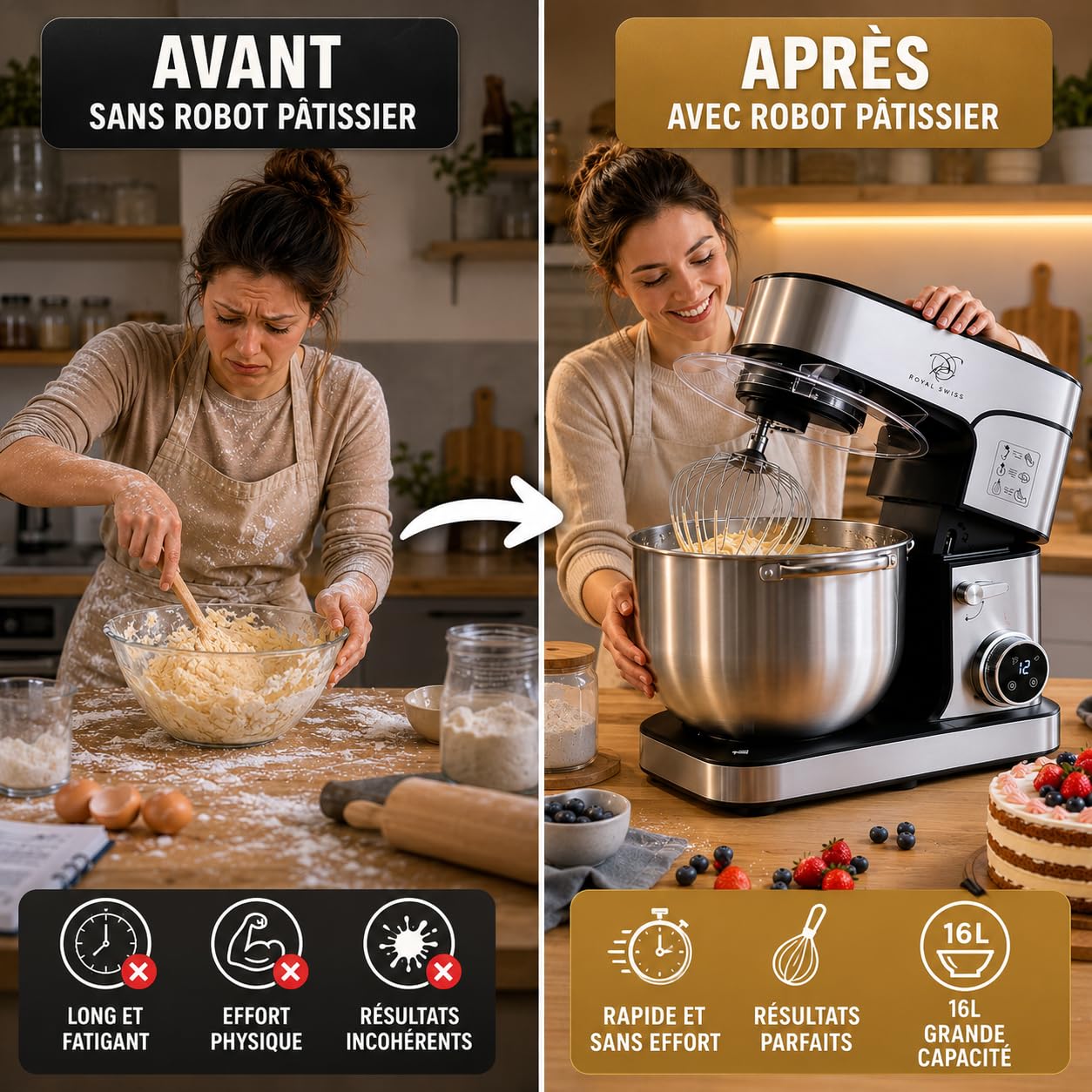 Royal Swiss ® Robot Pâtissier Professionnel 16L XXXXL 2800W, grande capacite - 12 Vitesses + Timer, Bol Inox, Ultra Puissant Pain, Pizza & Pâtisserie, patissier, Usage Intensi, Bol Inox Pâtissier