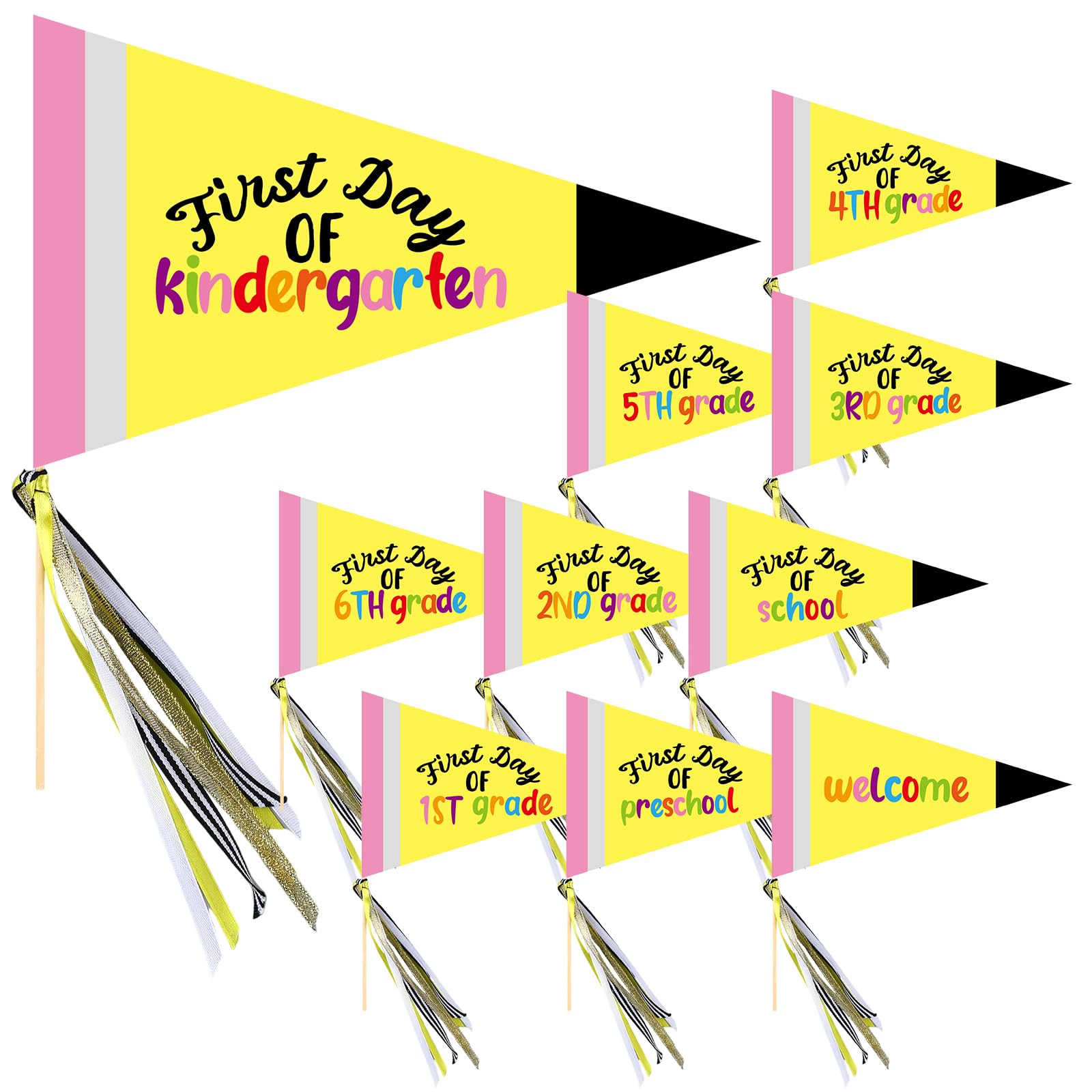 Gilprop 10 Pcs First Day of School Flag DIY 2025 Back to School Pennant First Day of Preschool Sign with Ribbons Make Your Own Photo Prop for School Classroom Decoration, Yellow