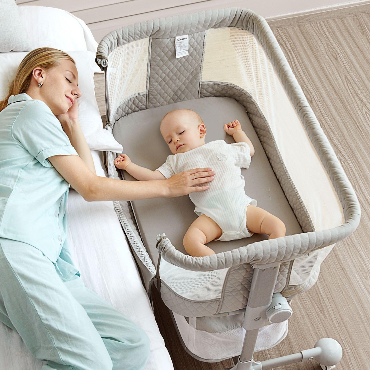 SUNVENO Portable Baby Bassinet Bedside Sleeper for Newborns, Foldable Travel Crib with Breathable Mesh & Firm Mattress, Adjustable Height, Easy Carry for Bedroom & On-The-Go