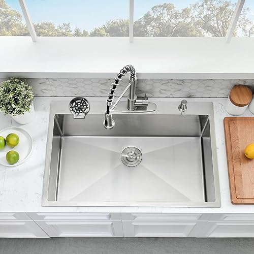 Miniatura 4 de Fregadero de cocina de 33 x 22 pulgadas con grifo  Fregadero de cocina de acero inoxidable con lavadora de tazas, fregadero de cocina de un solo