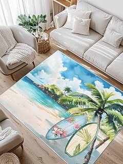 Area Rug for Living Room 2.7x5 Ft, Retro Beach Backboard Coconut Tree Modern Art Print Non-Slip Rugs, Low Pile Microfiber Rug for Bedroom Dining Room Office Home