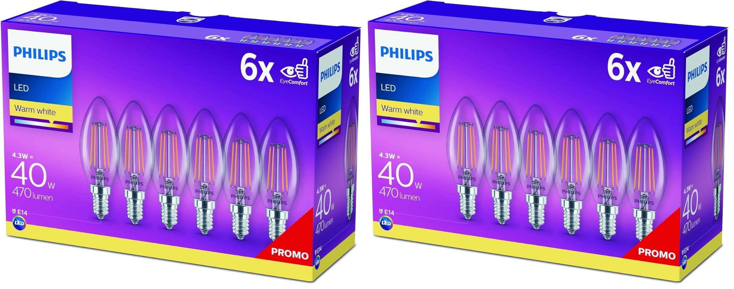 Philips LED Lampadina Oliva filamento, 6 pz, 40W, Attacco E14, Luce Bianca Calda, Non Dimmerabile (Confezione da 2)
