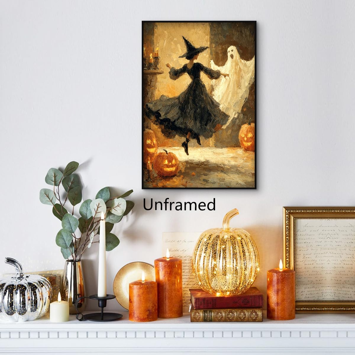 OAOPIC Dancing Witch & Ghost Canvas Wall Art, Moody Dark Halloween Witchy Pumpkins Poster, Gothic Spooky Dark Academia Holiday Print, Whimsical Goth Picture Autumn Wall Decor 8x12in Unframed image 3
