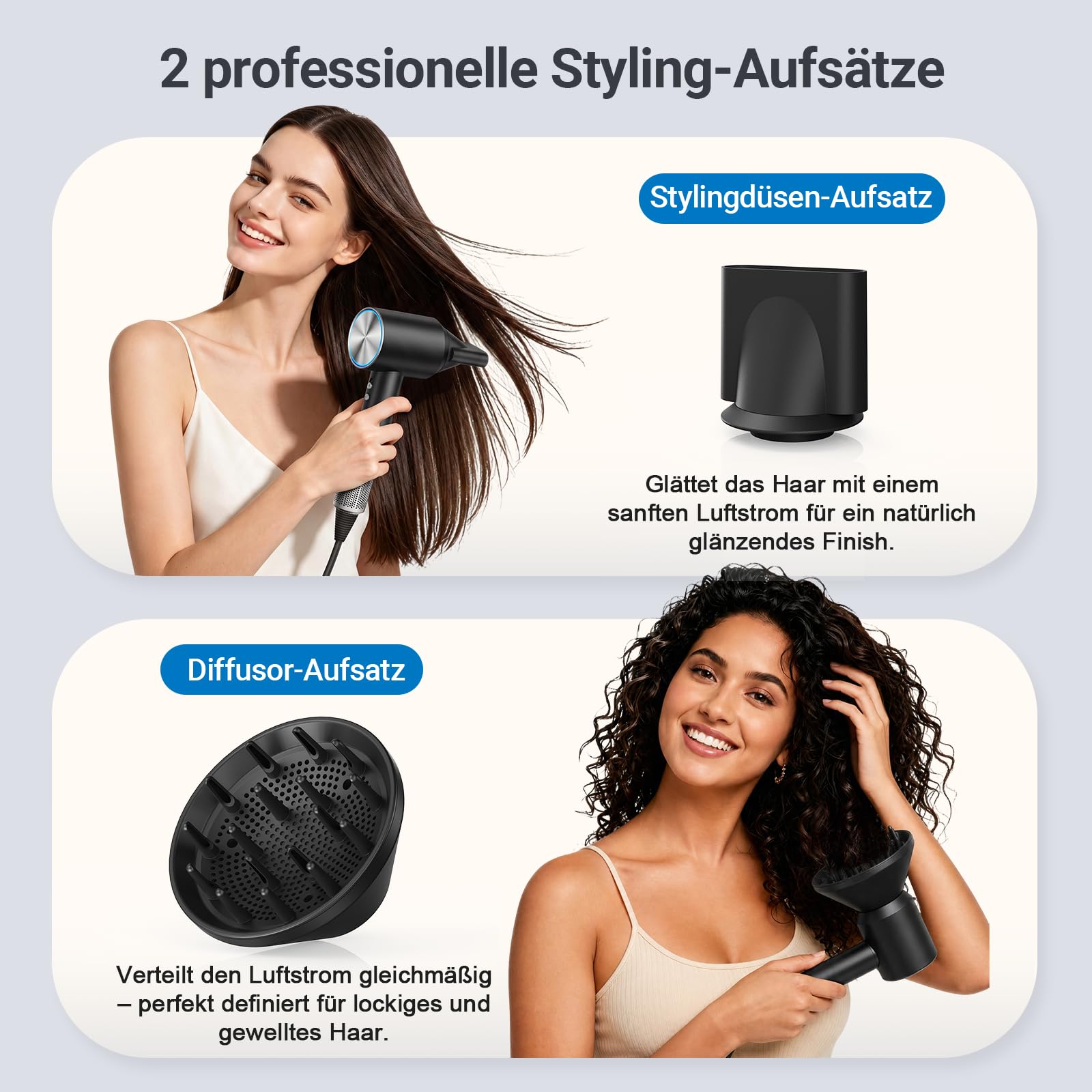 Ionen Haartrockner Föhn, 22m/s, 3 Min Schnell Trocknen, 500M Ionen gegen Frizz, 6 Modi, 3-Farben LED, 1600W, 2 Magnetdüsen(Styling& Diffusor) für Locken&Glätten, Zuhause und Unterwegs, 360g Schwarz