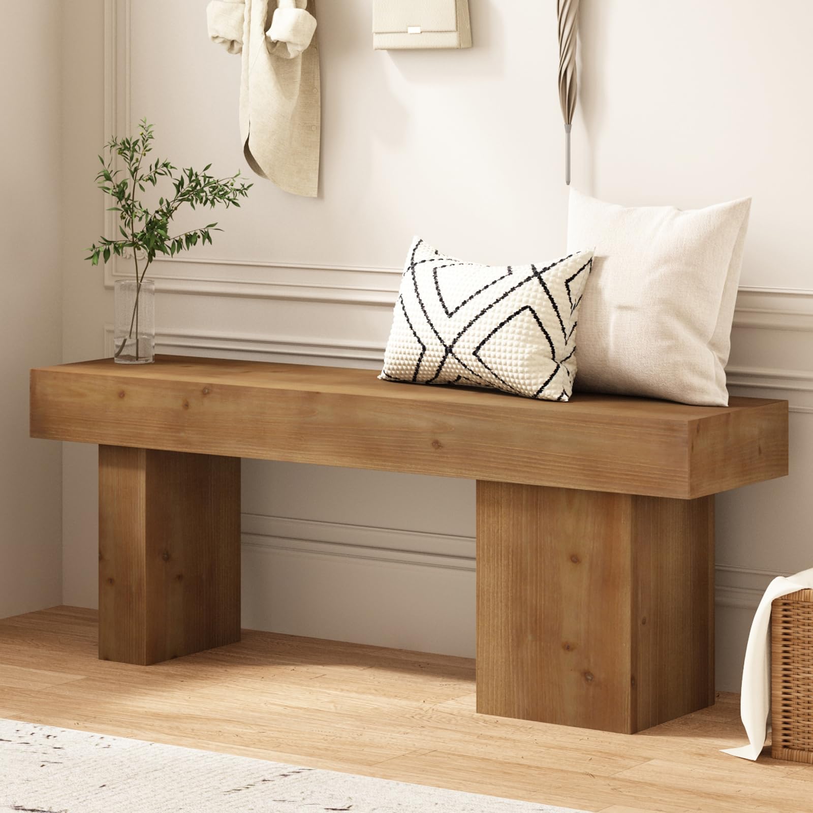 Farmhouse Solid Wood Entryway Bench, 47.3" Rustic End of Bed Bench | Thickened Hollow Legs, Handcrafted Accent Seating for Dining, Kitchen, Hallway, Living Room, Bedroom, 15 Min Assembly