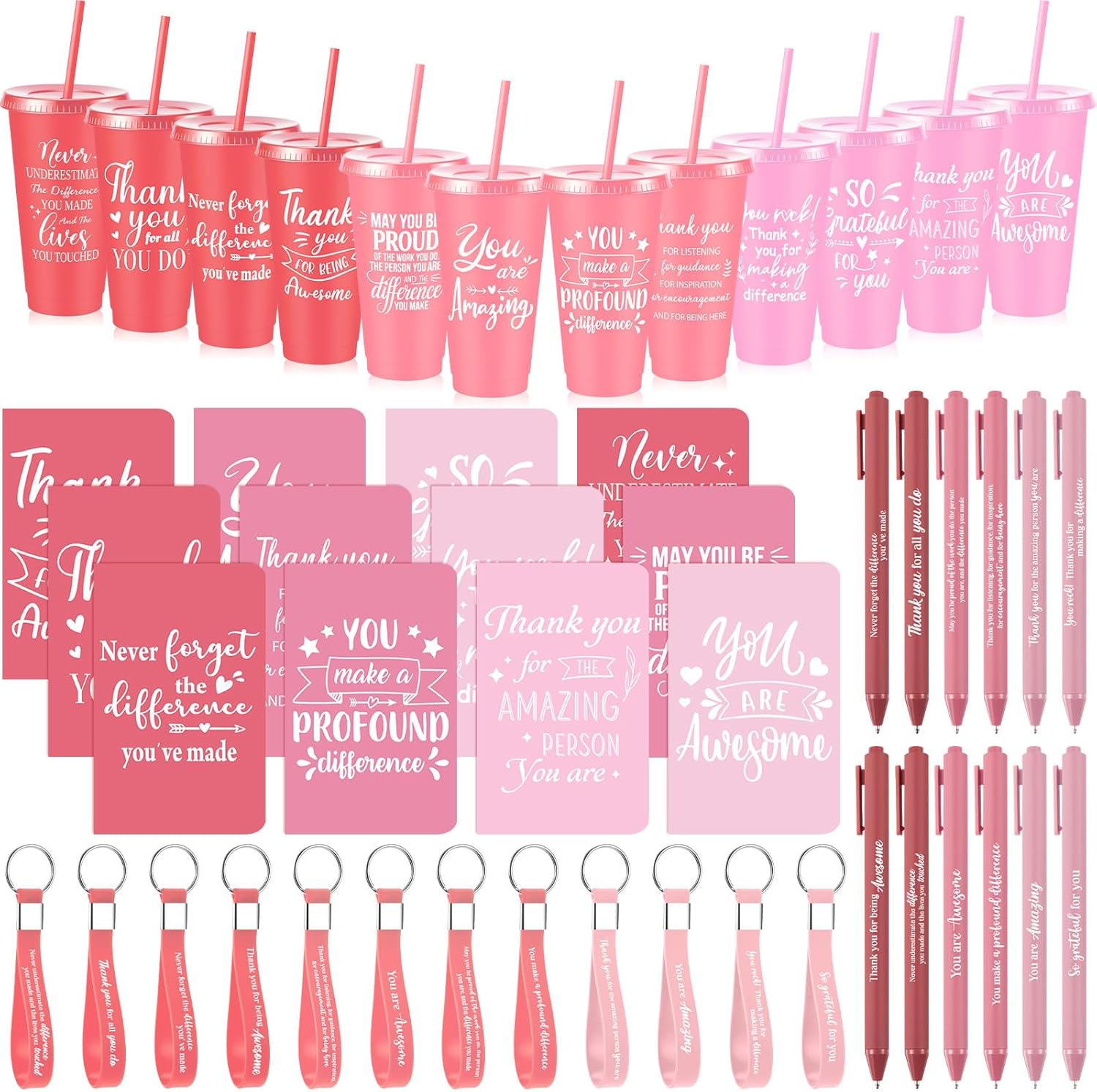 Hollowfly 12 Sets / 48 Pcs Inspirational Appreciation Gifts Thank You for Coworkers, 24 oz Plastic Cup with Lid Straw Notebooks Ballpoint Pens Keychain Associate Appreciation Gifts (Gradient Pink)