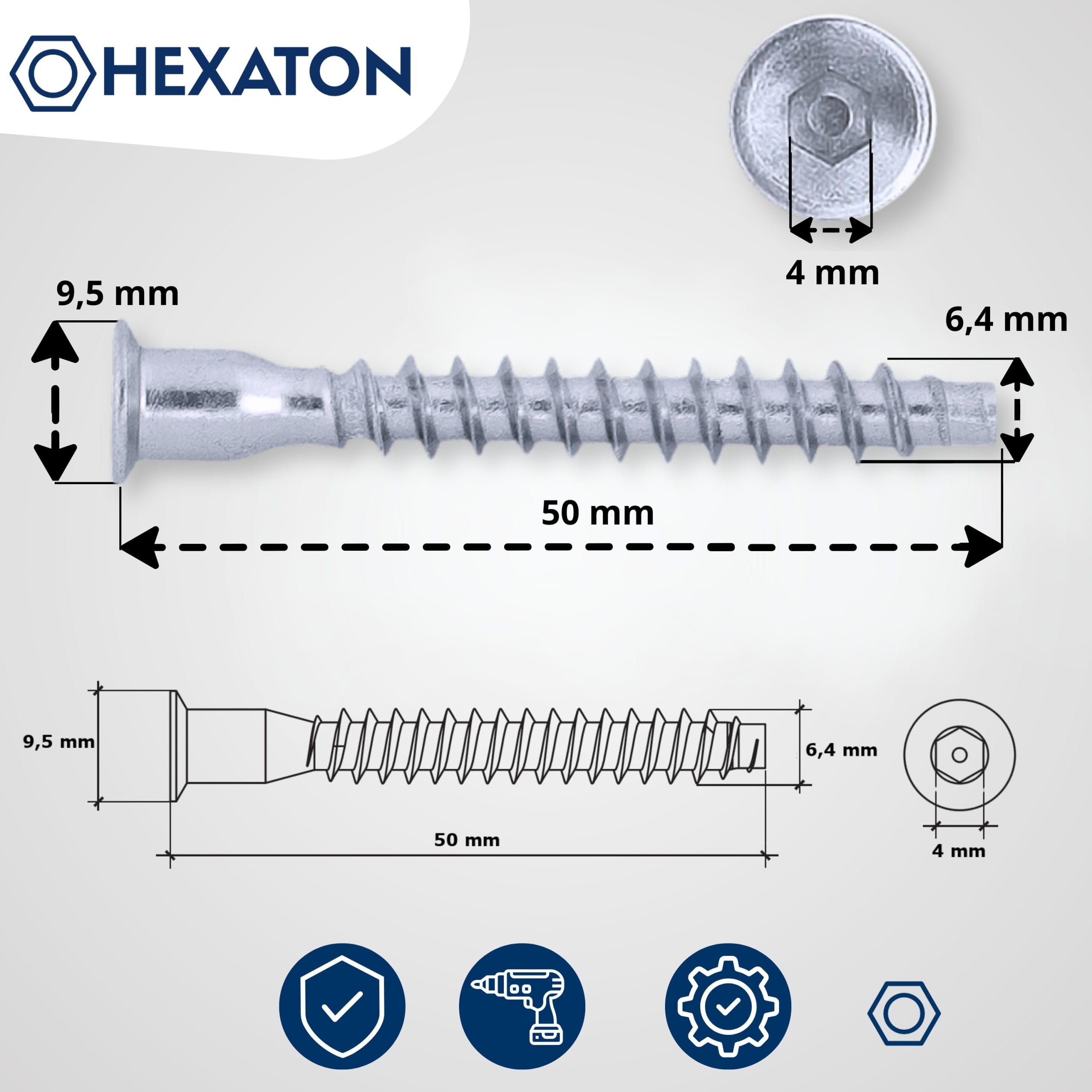 HEXATON Confirmat Screws 6,4 x 50 mm, 100 Pieces, Countersunk Head with Hex Socket, Fully Threaded, Zinc-Plated Steel - Image 2