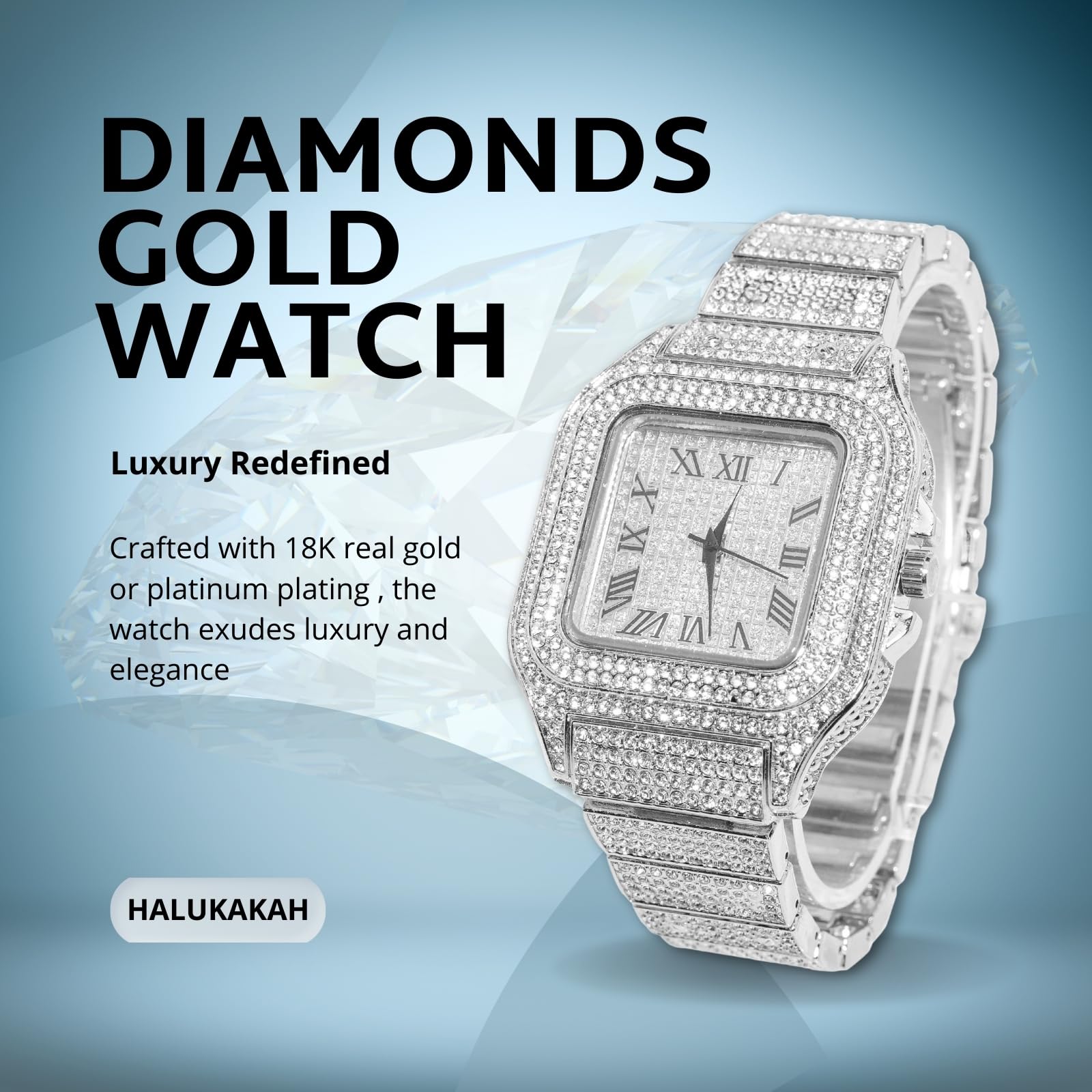 Halukakah Diamentowy złoty zegarek Iced Out dla chłopców – 18 K prawdziwe złoto/platynowana platyna, 40 mm kwadratowy cyferblat, japoński mechanizm kwarcowy - długość 20 cm - opcjonalnie z łańcuszkiem