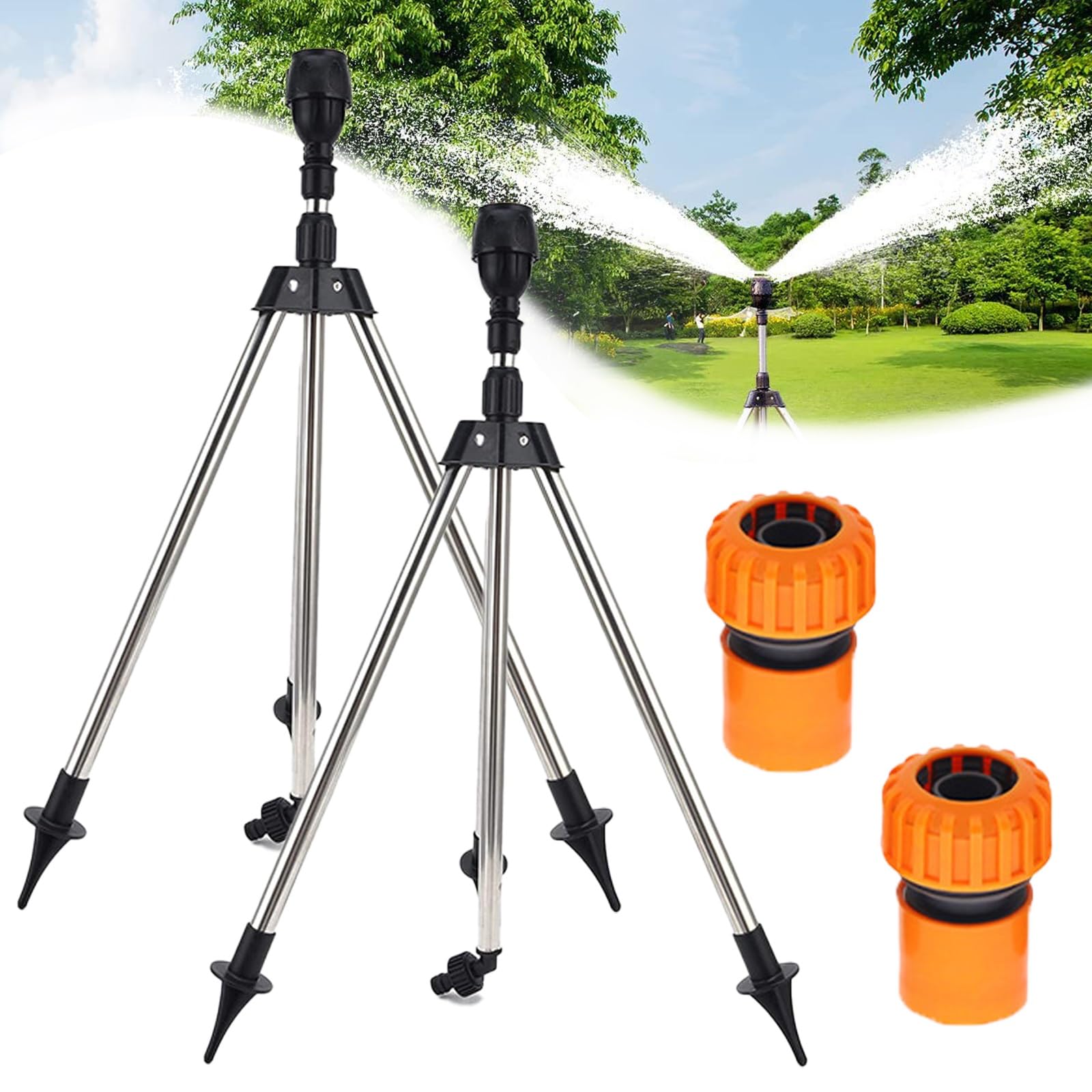Hydrospin Sprinkler, Rotating Tripod Outdoor Water Sprinkler, Adjustable Garden Telescoping Water Sprinkler with Metal Tripod Base, 360-Degree Watering Nozzle for Garden Agricultural Irrigation(2pcs)