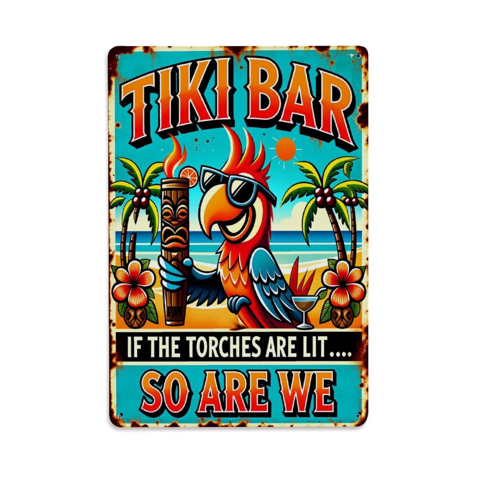 Lzwbntey Vintage Tiki Bar Parrot Palm Beach Metal Tin Sign Retro Wall Decor For Home Bar Garage Cafe, Indoor & Outdoor Decorative Metal Poster, 8X12 Inch