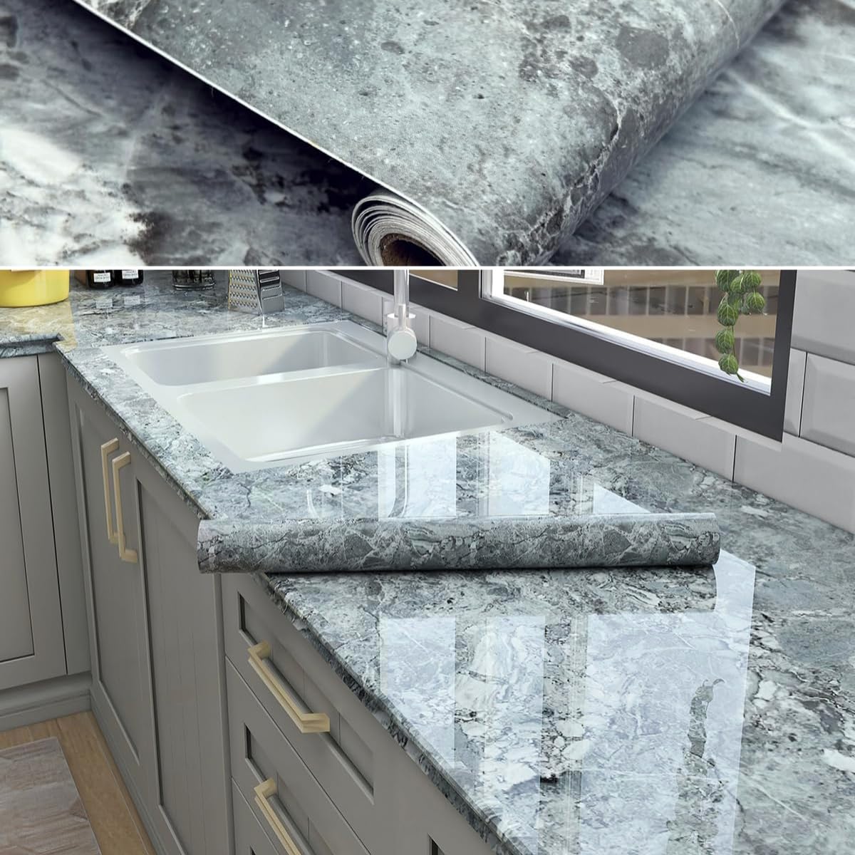 50cm×3m, Glossy Marble Sticky Back Plastic Roll, Grey Marble Vinyl Wrap for Kitchen Worktop, Heat-Resistant Durable Worktop Vinyl Covering, Contact Paper Self Adhesive Furniture Stickers Wallpaper