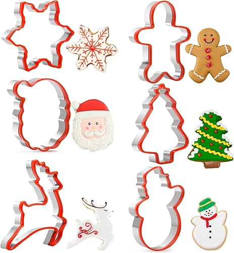 Juego de 6 cortadores de galletas de Navidad con borde protector de silicona suave, copo de nieve, árbol de Navidad, muñeco de nieve, hombre de