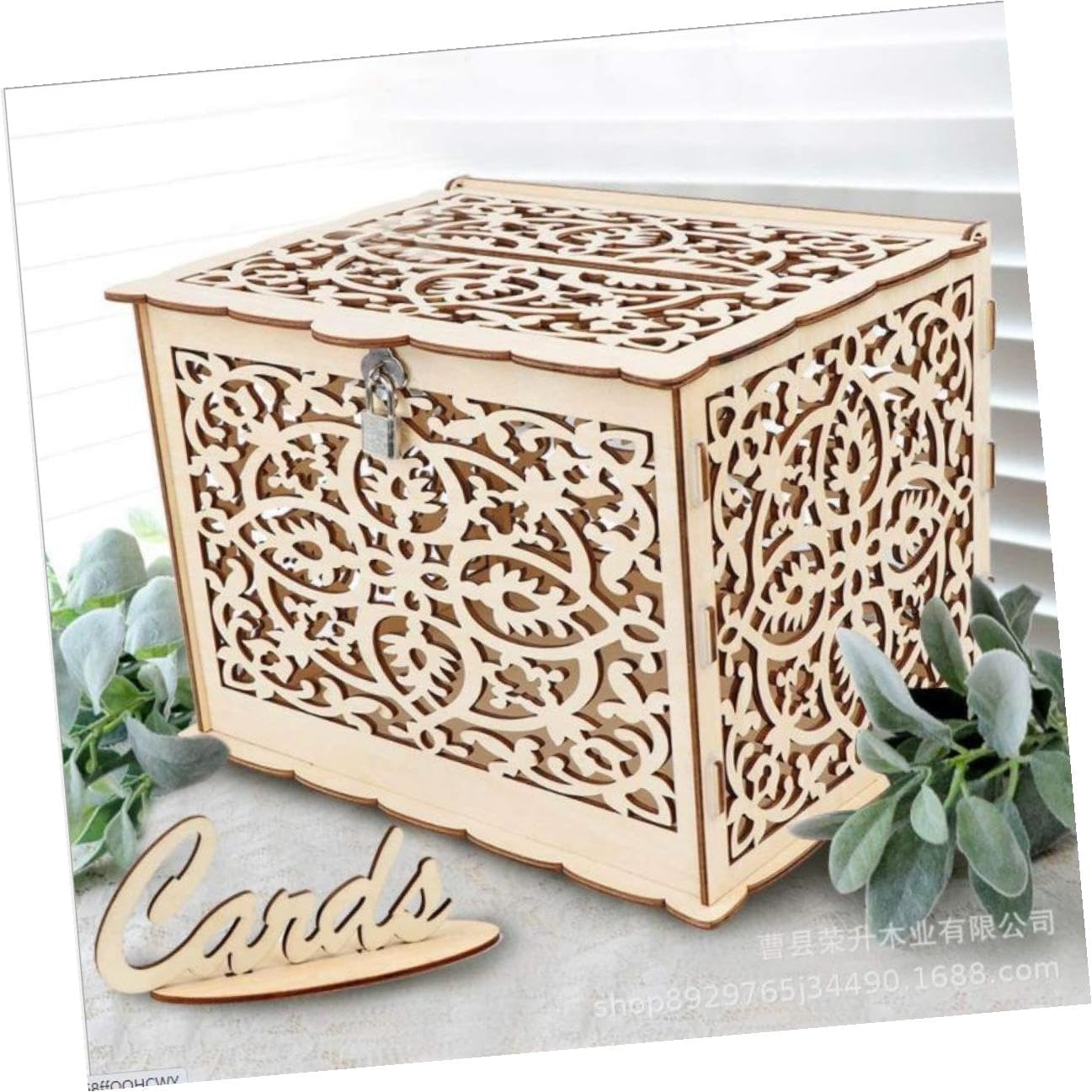 Wood Wedding Cards Box Large Rustic Hollow Money Envelope Holder for Party Reception and Anniversary Decoration