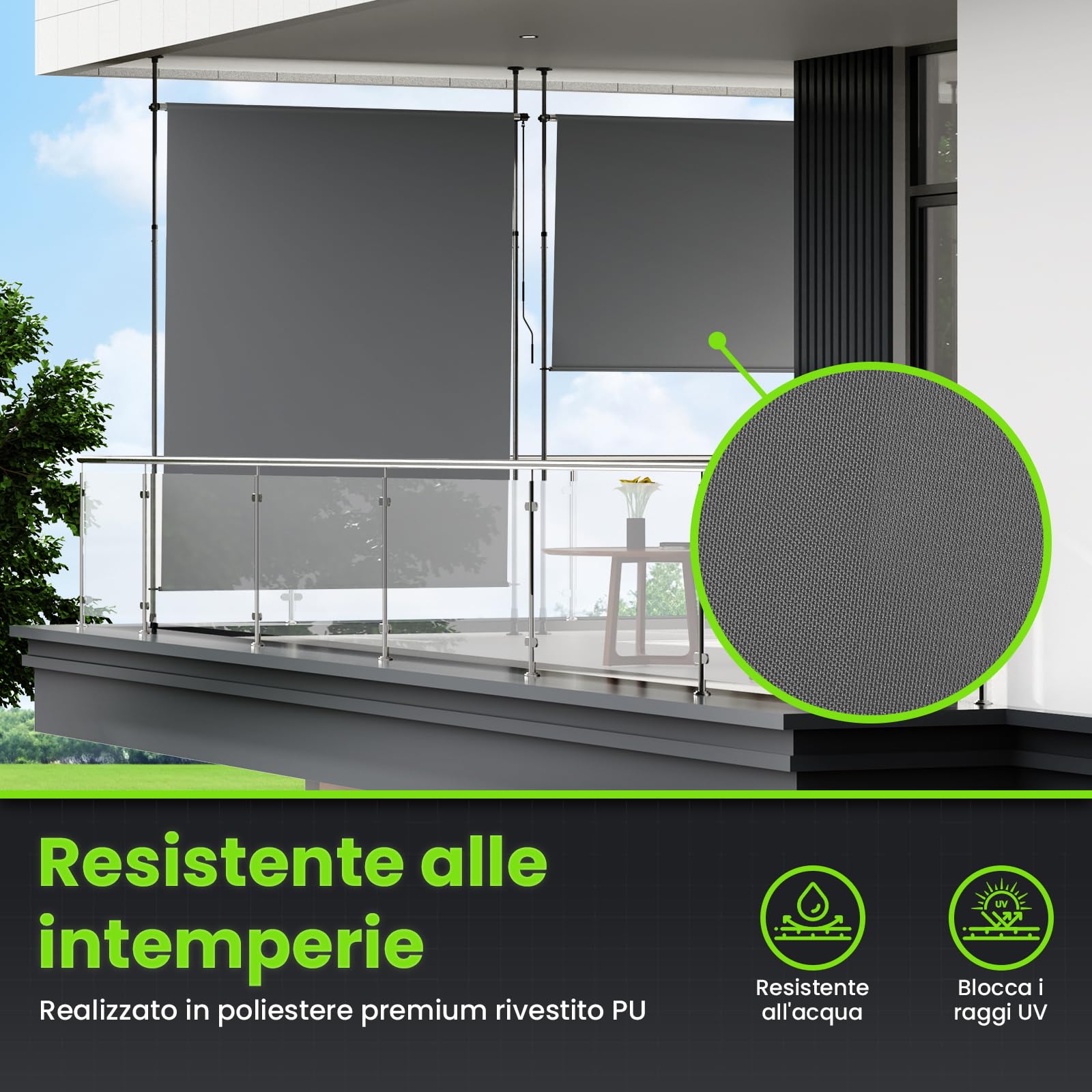 YEAUPE PRO Tenda da sole verticale per esterni, 120 x 300 cm, grigio scuro, senza forature, con morsetto a manovella, adatta per balconi, terrazzi, esterni e giardini, frangivista resistente alle