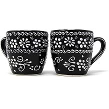 Global Crafts Encantada Hand Painted Mexican Pottery Mugs, Set of 2, Ink