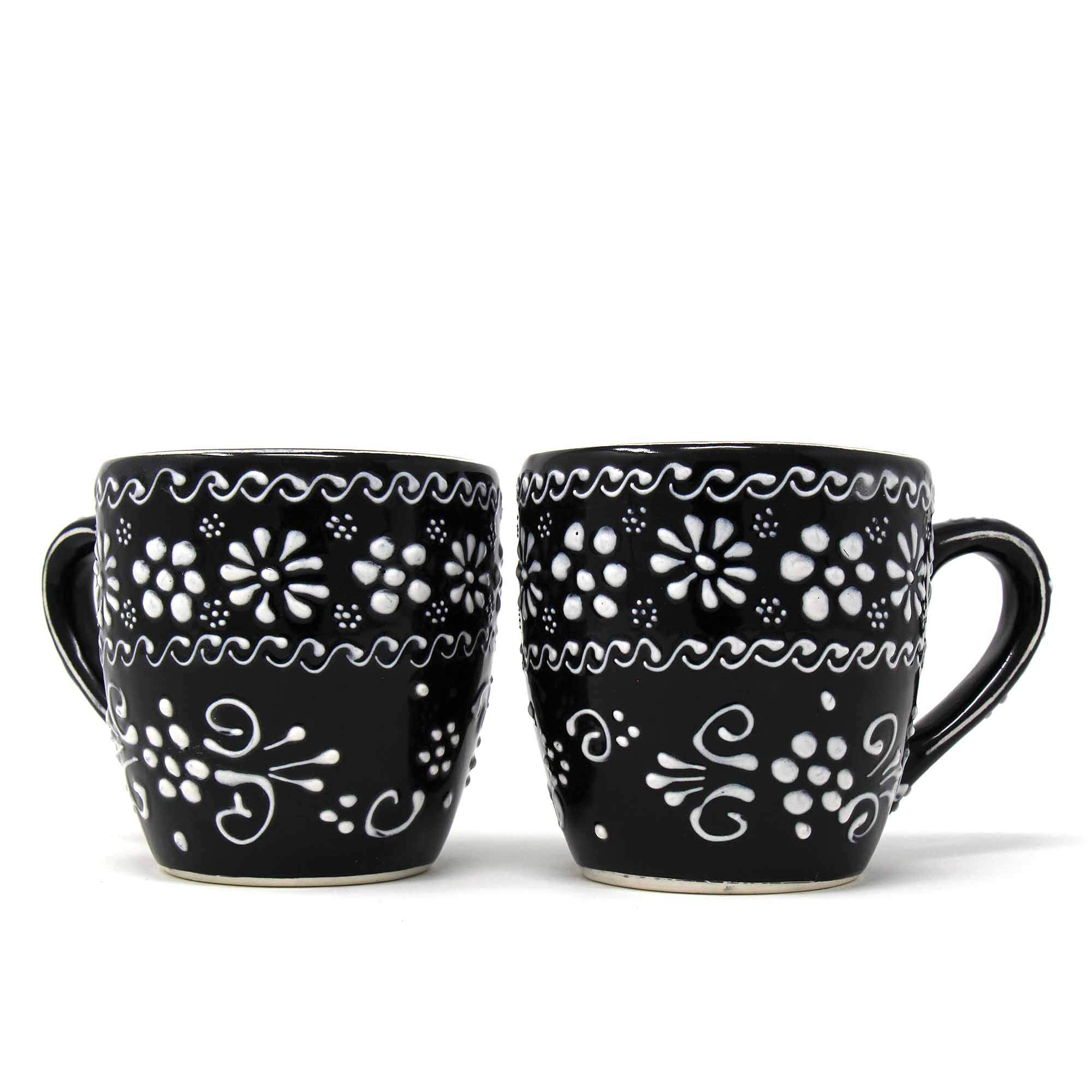 Global Crafts Encantada Handmade Hand-Painted Authentic Mexican Pottery, Coffee Mugs, Set of 2, Ink Collection, Black and White, (MC355I-S2)