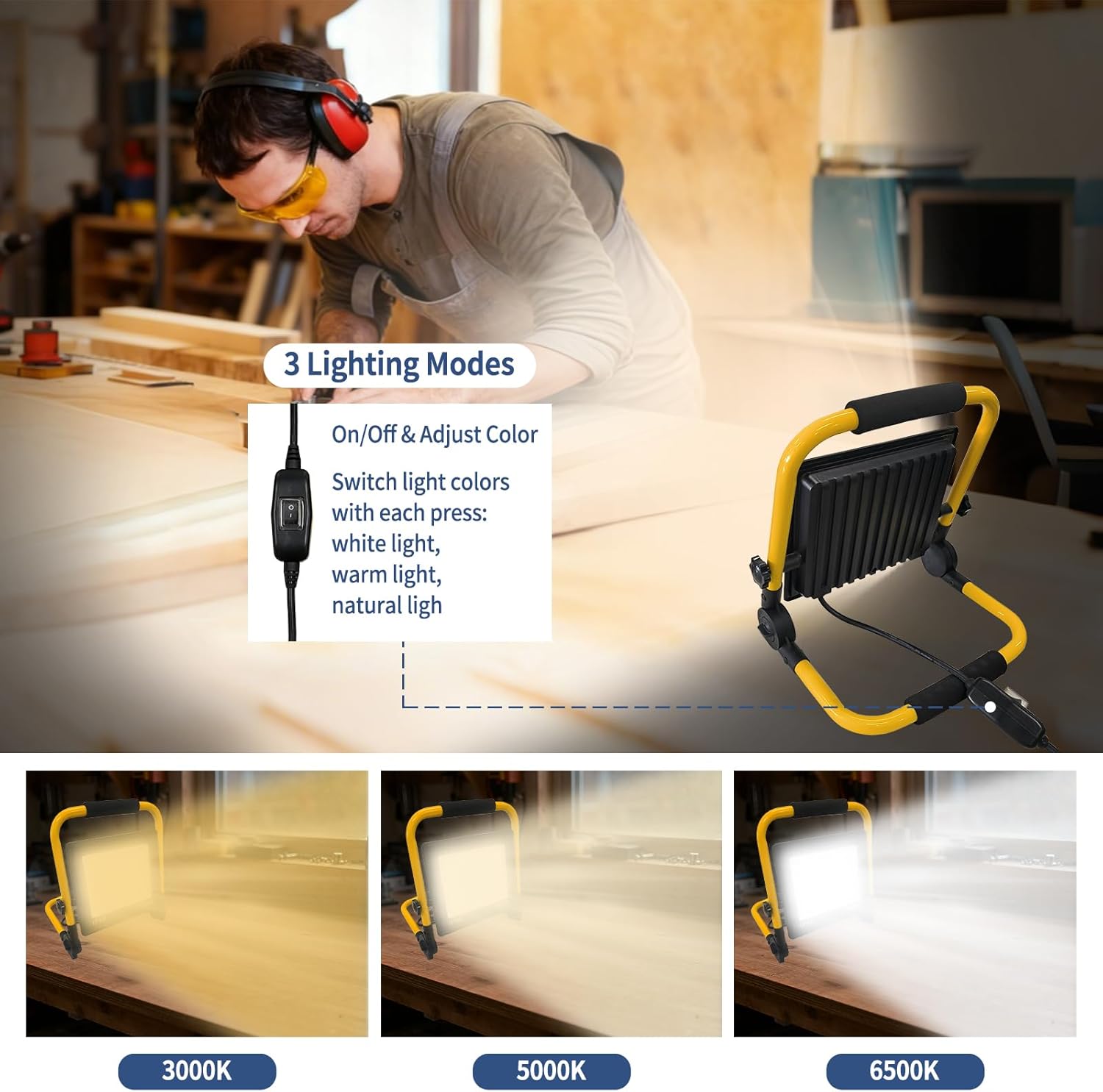 10000LM LED Work Light,100W Outdoor Flood Light,3000K-6500K Dimmable with 10ft Cord & Switch, er IP66 Waterproof Portable Working Lighting ,for Outdoor Indoor Job Site Workshop Garage Construction