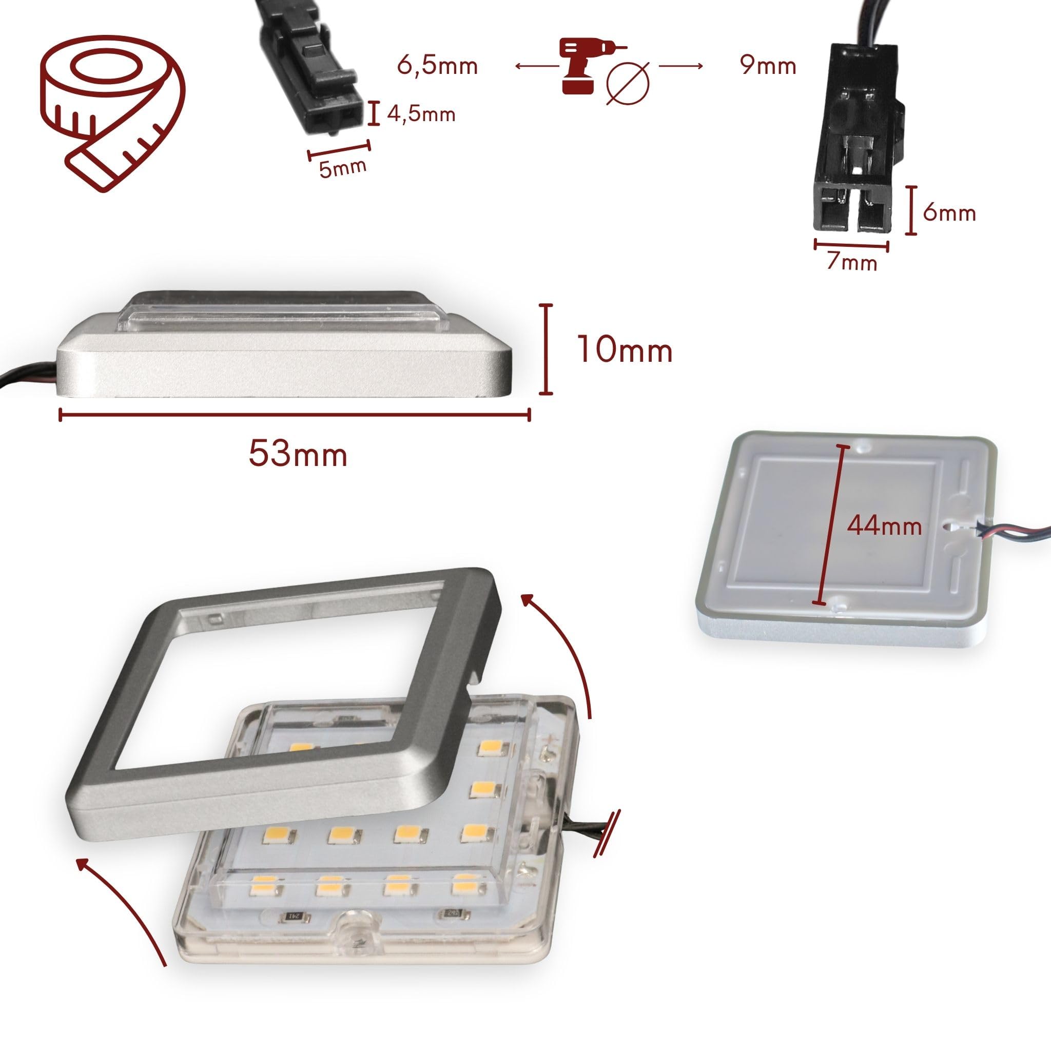 kalb | LED Vitrinenleuchte Quina, 3000K, 12V, mit Fußschalter, 1-10er Set, silber matt, quadratisch, 53mm, mit Erweiterung dimmbar (10er Set)