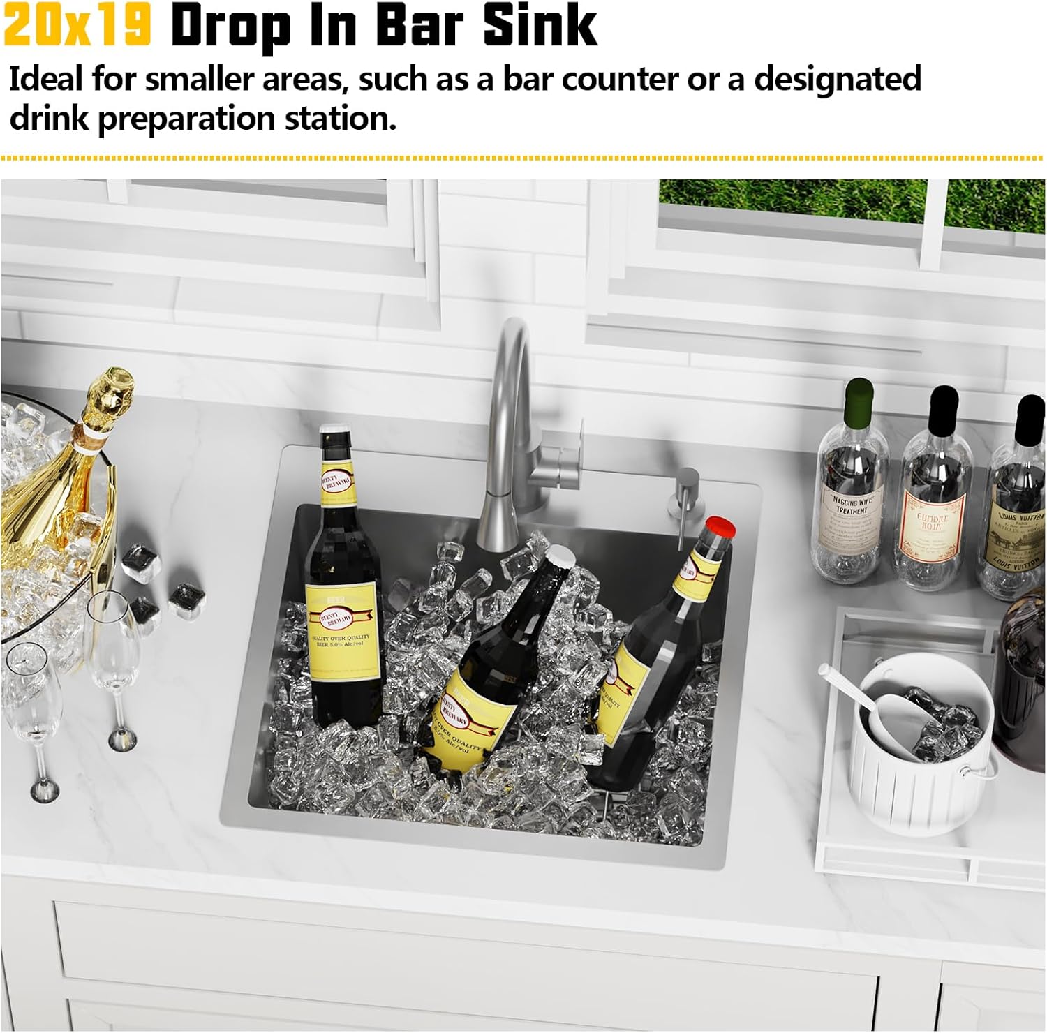 20x19In Stainless Steel Kitchen And Bar Sink - Small Drop In Single Bowl Topmount Staylish Kitchen&Bar Sink Ideal Choice For Small Space, Prep Area, RV With Bottom Grid,Soap Mat And Drain Assembly