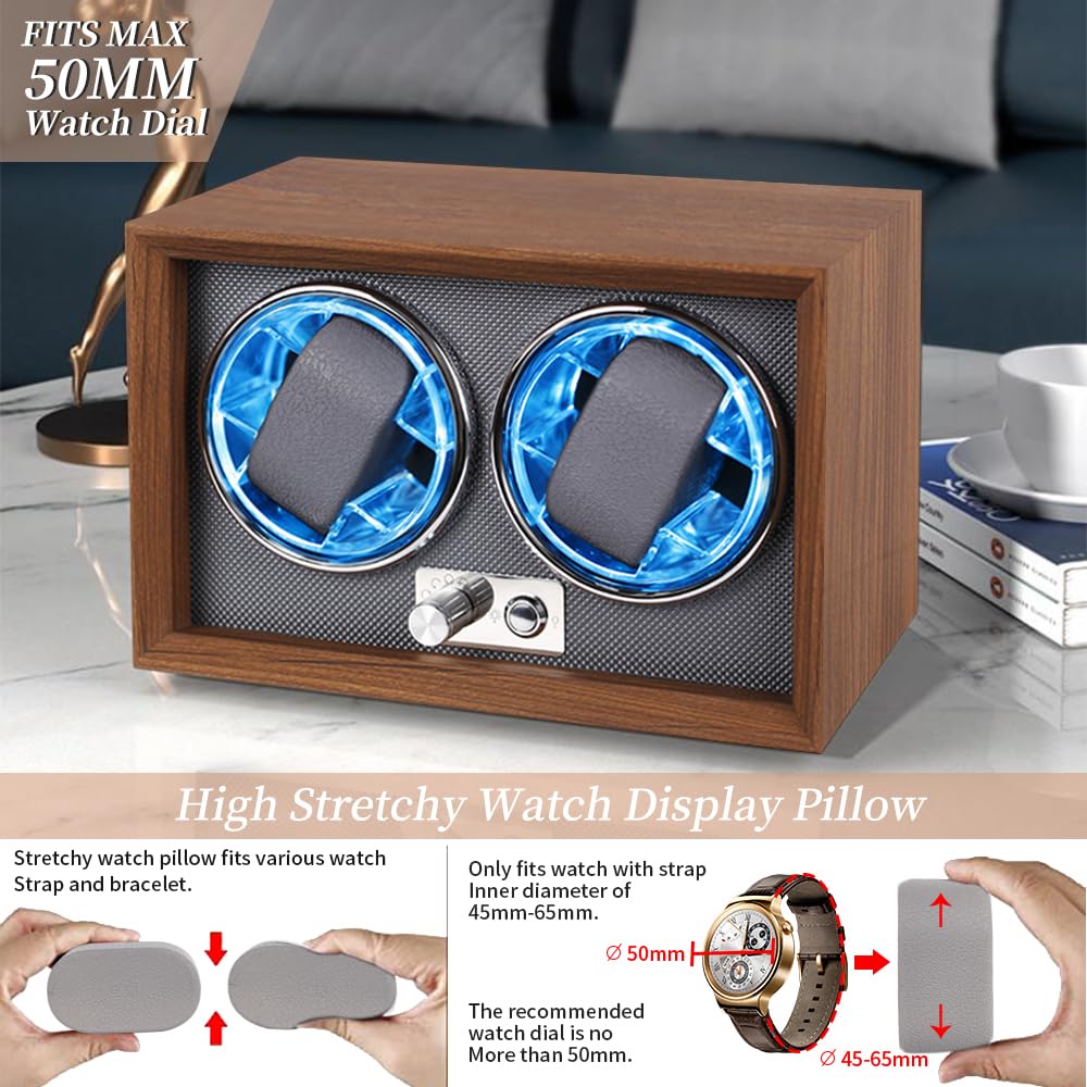 Remontoir de montre automatique avec LED, Grain de bois foncé avec 2 emplacements, 2 slots