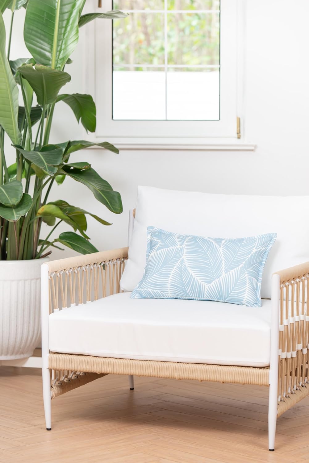 Hofdeco Premium Coastal Hampton Style Patio Indoor Outdoor Lumbar Pillow Cover Only, 12"x20" Water Resistant for Backyard, Couch, Baby Blue Palm Leaf