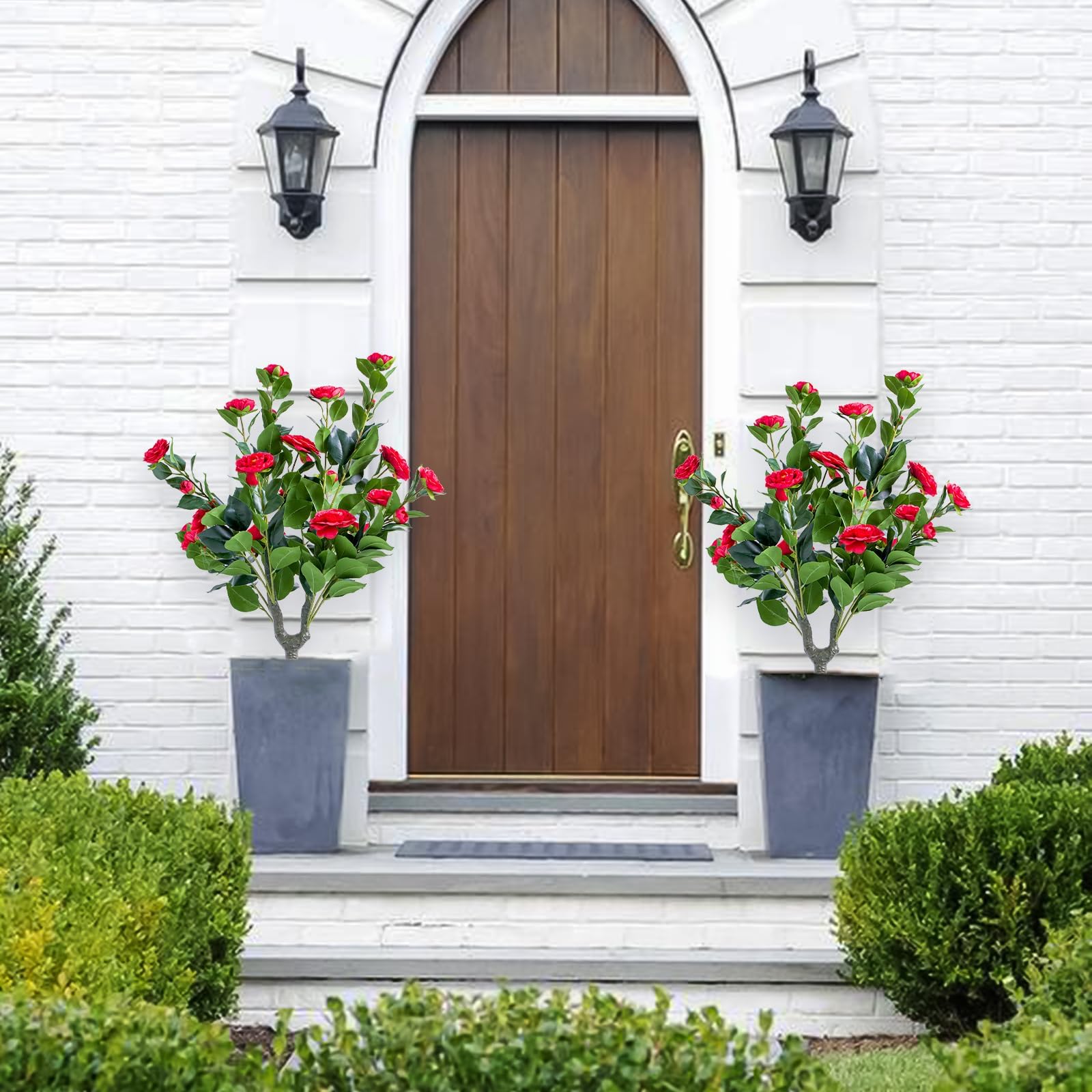 UV Resistant Artificial Topiary Ball Trees – Realistic PE Leaves & Metal Ground Spikes – Set of 4 Red Camellia Flowers – Faux Indoor Outdoor Decorative Plants – 90x40cm, 4 Red Flowers, PZ-1-299