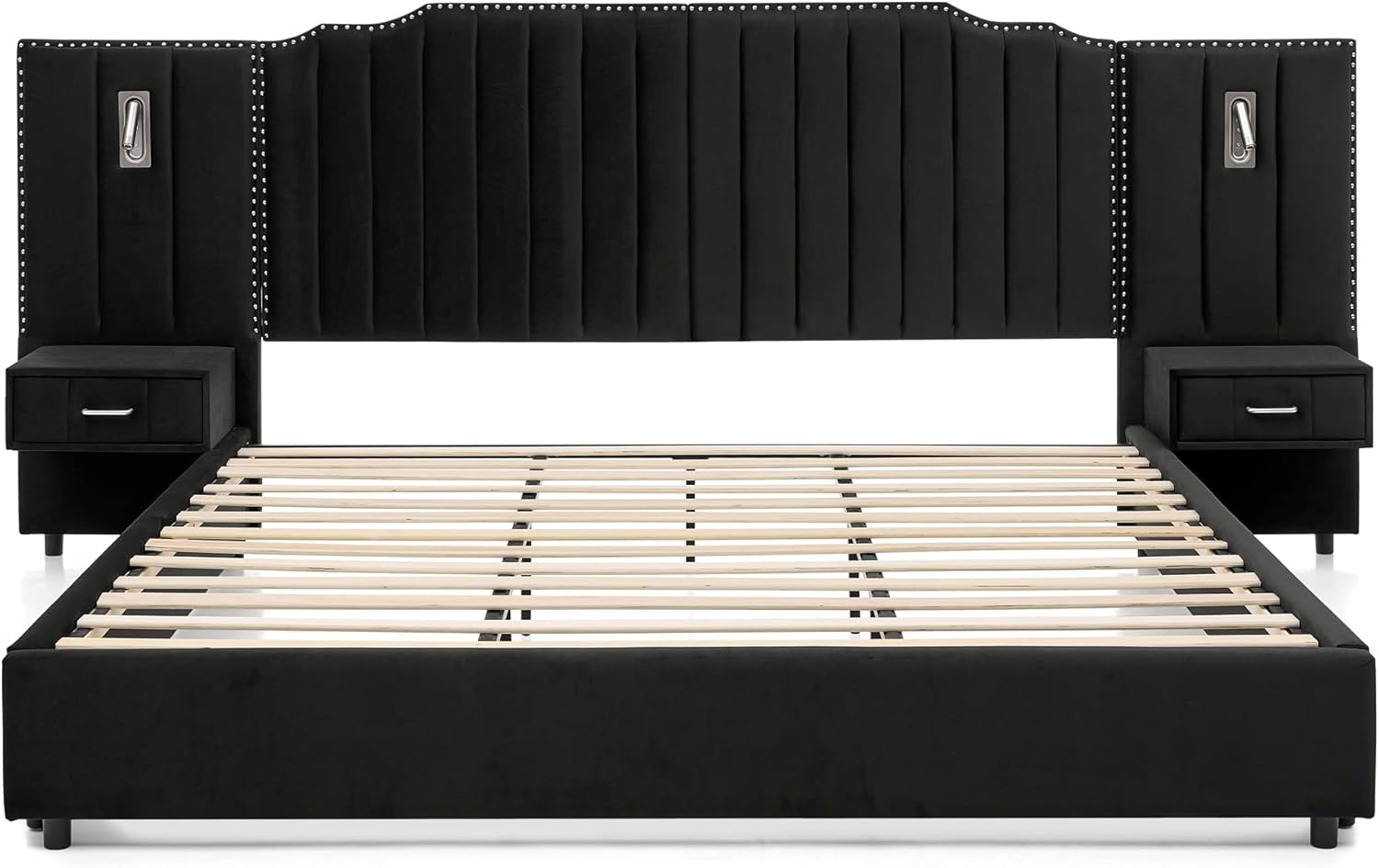 LUMISOL Luxury King Bed Frame with Bedside Table and Lamp, Velvet Fabric King Size Platform Bed with Nightstands, King Size Luxury Bed Frame with Oversized Upholstered Velvet Headboard, Black