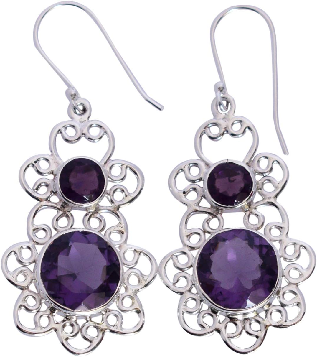 Natural Amethyst Dangle Earrings 925 Sterling Silver Faceted Round Purple Gemstone Drop Jewelry Long Lightweight Handmade February Birthstone Elegant Ear Wire Boho Statement