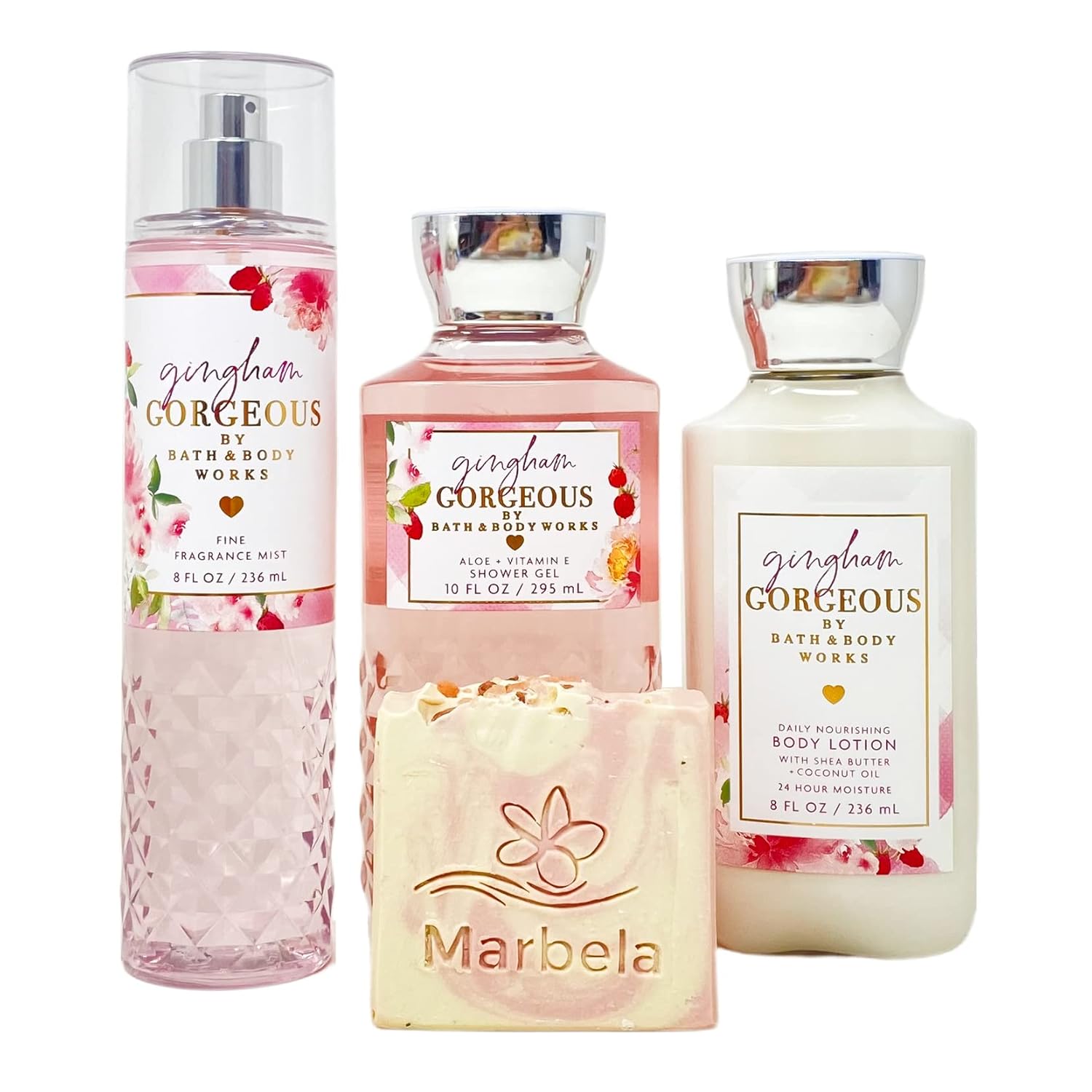 Bath & Body Works Gingham Gorgeous Trio Gift Set - Fragrance Mist - Body Lotion - Shower Gel - with a Himalayan Salts Springs Bar Soap - Full Size