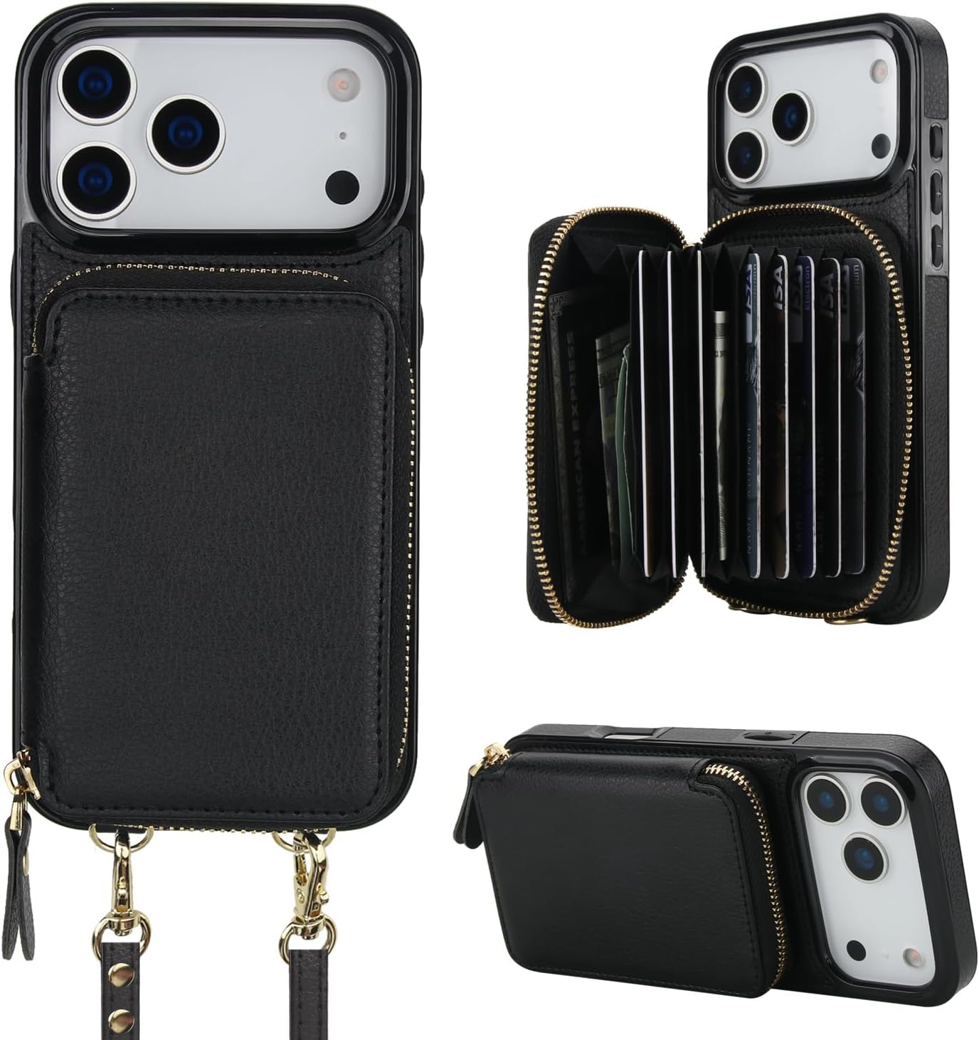 Bocasal Crossbody Wallet Case for iPhone 17 Pro Max, RFID Blocking Leather Purse Case with Card Holder, Protective Handbag Flip Cover with Zipper Wrist Strap Lanyard for Women 5G 6.9 Inch (Black)