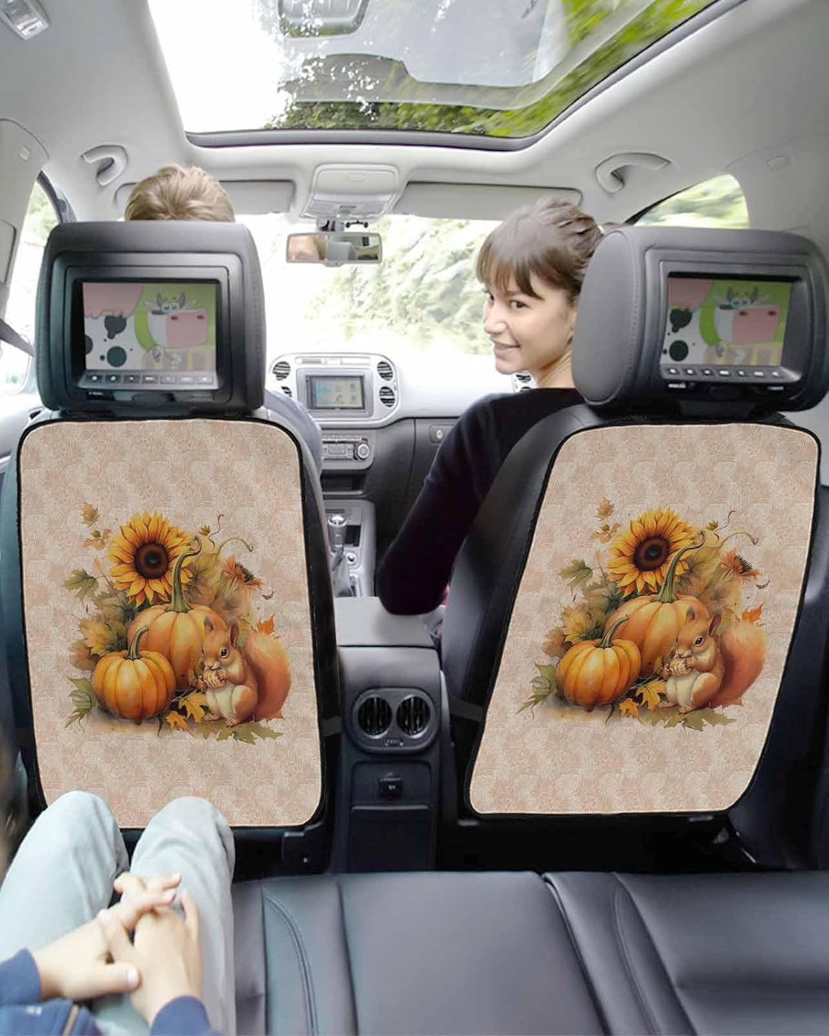 Car Seat Protector, 2 Pack Kick Mats Back Seat Protector Thanksgiving Sunflowers and Pumpkin with Squirrel Beige Waterproof Backseat Cover for Kids Universal Fit Automotive Interior Protectors