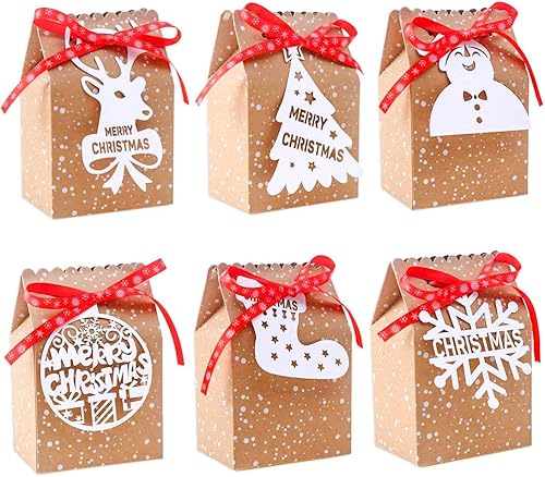 Miniatura 8 de CCINEE 12 bolsas de papel kraft de Navidad, galletas de estraza y bolsas de caramelos, bolsas de papel kraft plegables de Papá Noel con renos de