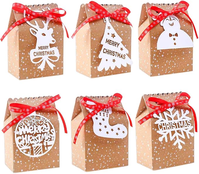 CCINEE 24pcs Christmas Kraft Gift Bags With Tags - Brown Paper Treat Bags For Cookie & Candy Giving