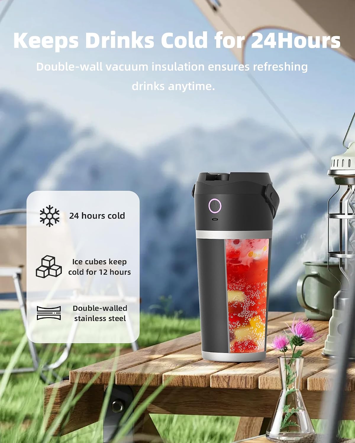 Portable Blender with Insulated Cup, Personal Blender for Smoothies, 11.1V high-torque Motor, Stainless Steel Cup, Keep Cold 24 Hours, Self-cleaning, USB-C Rechargeable, 20 oz, Travel Lid, Black