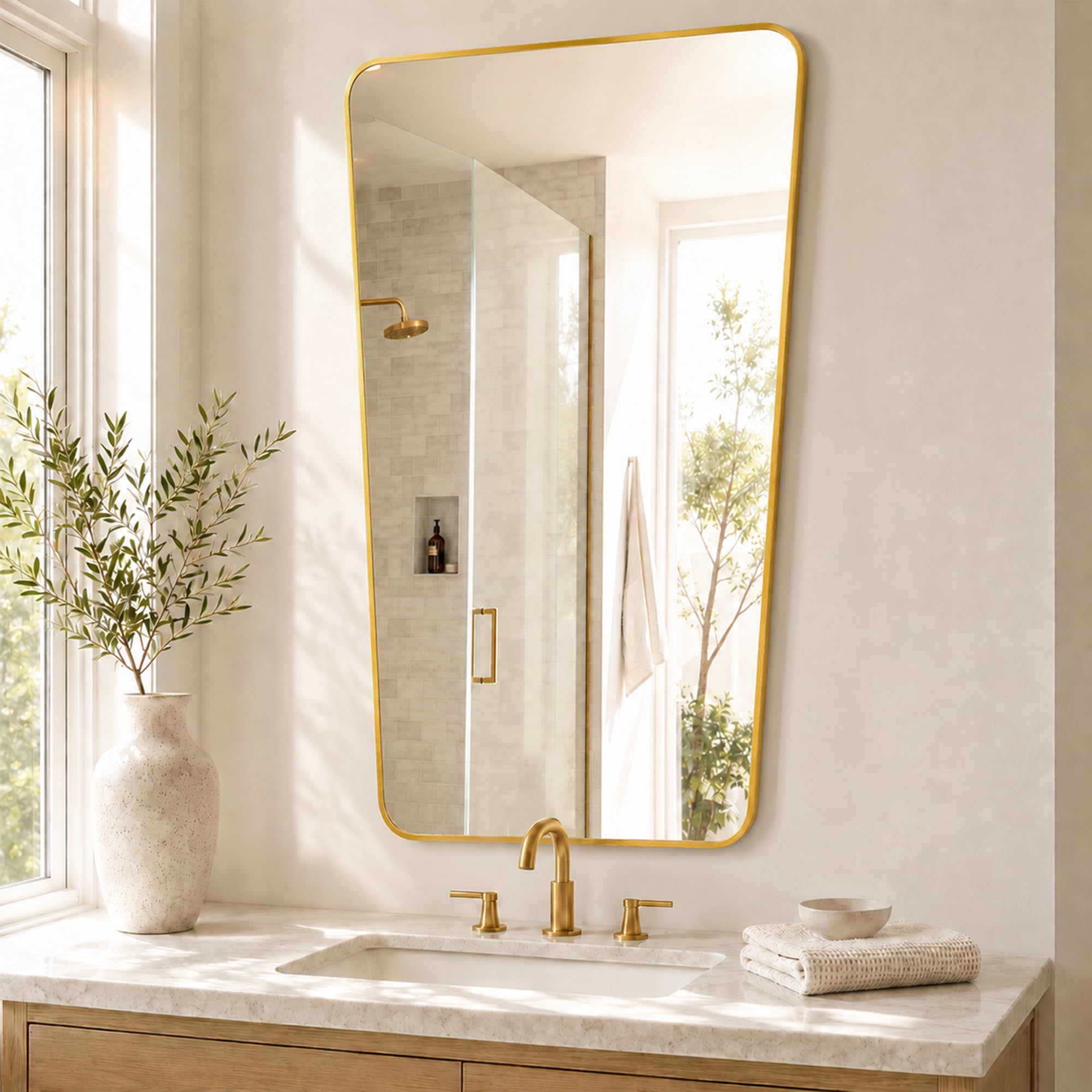 Pocetry Brushed Gold Tapered Rounded Rectangle Bathroom Mirror, 24X36 Inch