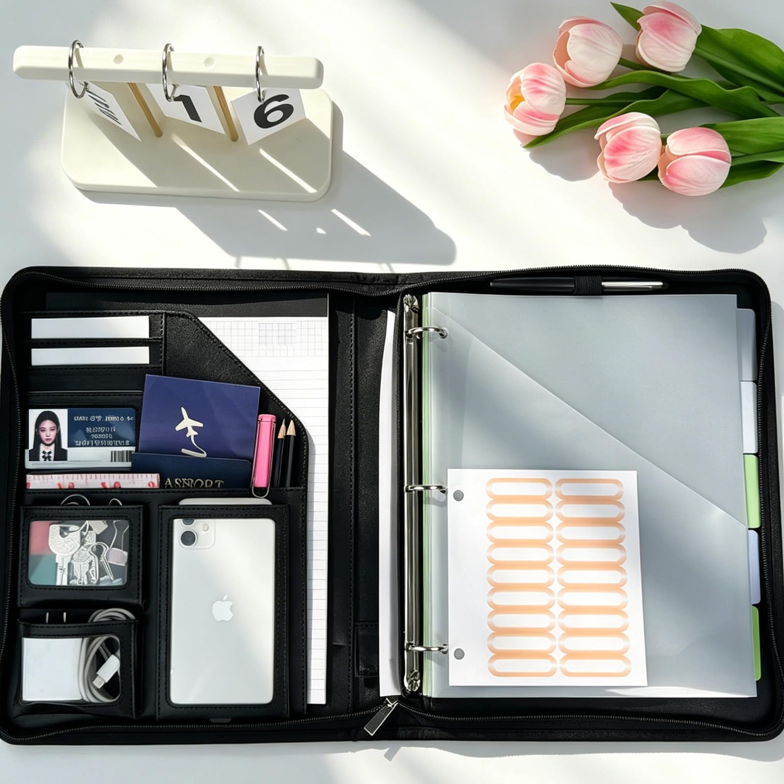 Portapapeles de cuero con almacenamiento, portafolio negro, carpeta extraíble de 3 anillos con cremallera de 1 pulgada, organizador de documentos para mujeres y hombres con bloc de notas, 5