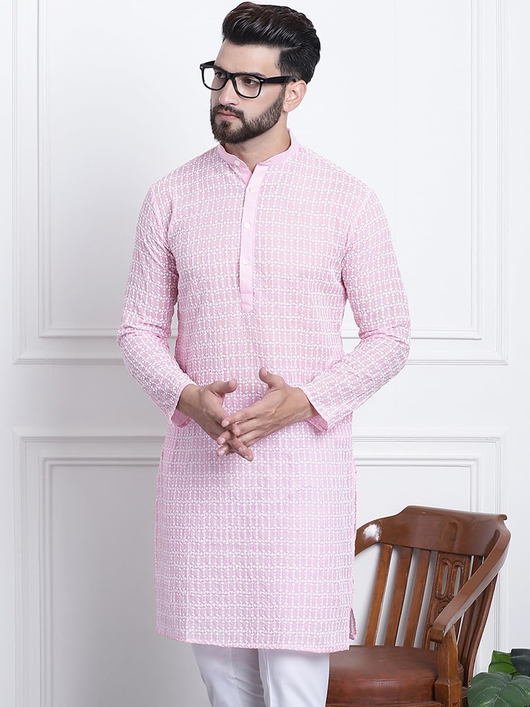 Sojanya (Since 1958 Men's Pure Cotton Pink With White Embroidery Only Long Kurta