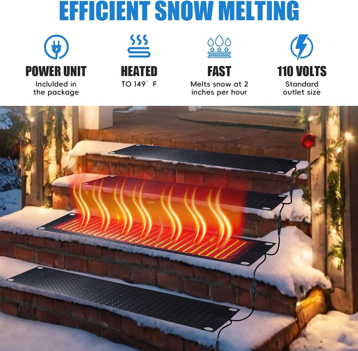3 Pcs 10 x 30 Inch Outdoor Snow Melting Mats, Winter Rubber Heated Non-Slip Snow Melting Mats for Stairs, Steps, Doorways, Sidewalks, Driveways with 6.56 ft Power Cord
